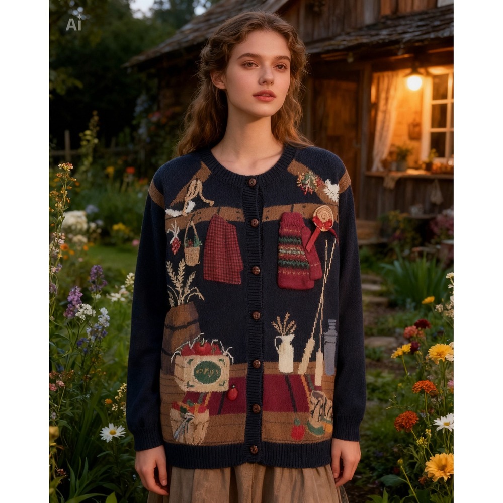 Talbots Vintage Fall Harvest Cottage core Embellish Sweater Navy 3D Appliqué NWT